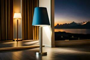 uma luminária é em uma de madeira chão dentro frente do uma janela. gerado por IA foto
