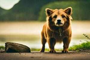 uma Castanho cachorro em pé em a lado do uma estrada. gerado por IA foto