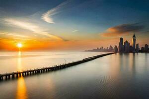 a Sol sobe sobre a cidade Horizonte dentro isto foto. gerado por IA foto