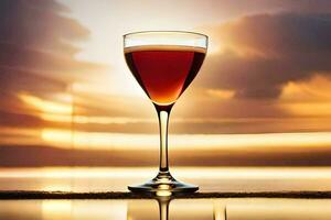 uma vidro do vinho em uma mesa dentro frente do uma pôr do sol. gerado por IA foto