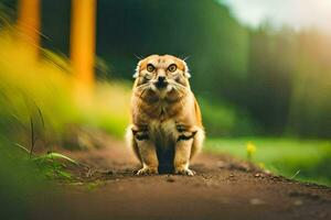 uma pequeno animal é em pé em uma sujeira estrada. gerado por IA foto