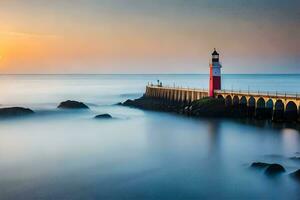 uma farol às pôr do sol com uma vermelho teto. gerado por IA foto