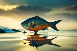 uma peixe é em pé em a água às pôr do sol. gerado por IA foto