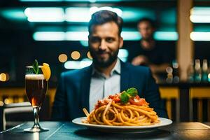 uma homem dentro uma terno senta às uma mesa com uma prato do espaguete. gerado por IA foto