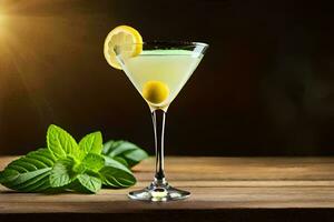 uma martini com limão e hortelã em uma de madeira mesa. gerado por IA foto