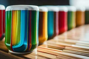 uma linha do colorida copos forrado acima em uma mesa. gerado por IA foto