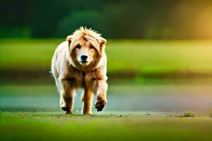 uma cachorro caminhando em a Relva perto uma lago. gerado por IA foto