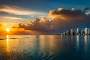 a Sol conjuntos sobre uma cidade Horizonte e água. gerado por IA foto