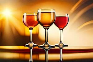 três óculos do vinho em uma mesa. gerado por IA foto