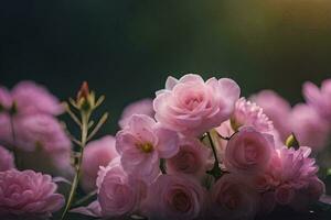 Rosa rosas estão dentro a Sol com uma verde fundo. gerado por IA foto