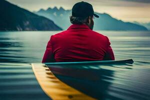 uma homem dentro uma vermelho Jaqueta sentado em uma prancha de surfe dentro a água. gerado por IA foto