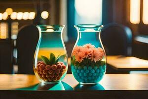 dois vasos com flores dentro eles em uma mesa. gerado por IA foto