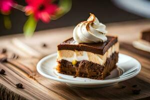 uma peça do chocolate bolo com açoitado creme em topo. gerado por IA foto