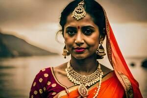 uma lindo indiano mulher vestindo uma sari e joia. gerado por IA foto