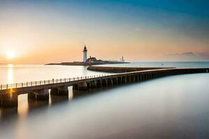 uma grandes exposição fotografia do uma farol às pôr do sol. gerado por IA foto