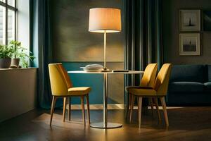 uma mesa com amarelo cadeiras e uma lâmpada. gerado por IA foto