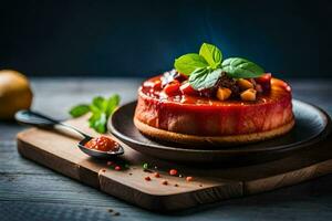 uma sobremesa com fruta e especiarias em uma de madeira borda. gerado por IA foto