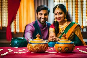 uma casal dentro tradicional vestuário posando para uma foto. gerado por IA foto