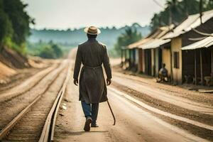 uma homem dentro uma chapéu e casaco caminhando baixa uma Ferrovia acompanhar. gerado por IA foto