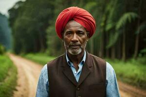 a africano homem vestindo uma vermelho turbante carrinhos em uma sujeira estrada. gerado por IA foto