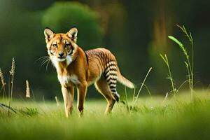 uma tigre caminhando através uma campo. gerado por IA foto