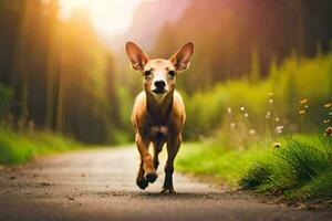 uma cachorro corrida em uma estrada dentro a meio do uma floresta. gerado por IA foto