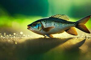 uma peixe é caminhando em a terra perto uma lago. gerado por IA foto