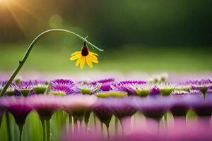 uma solteiro flor é em pé dentro uma campo do roxa e amarelo flores gerado por IA foto