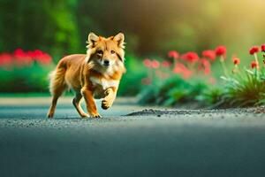 uma cachorro corrida em a estrada dentro frente do flores gerado por IA foto