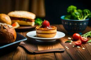 uma mesa com Comida e uma faca. gerado por IA foto