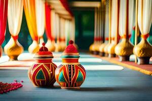 dois colorida vasos em a chão do uma sala. gerado por IA foto