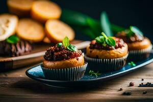 três mini bolos de copo com carne e ervas em uma azul placa. gerado por IA foto