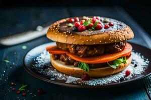 uma Hamburger com carne, legumes e romã. gerado por IA foto