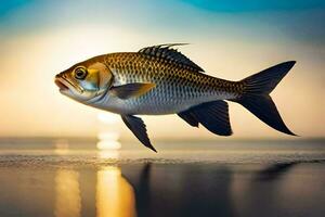 uma peixe é pulando Fora do a água às pôr do sol. gerado por IA foto