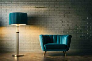 uma azul cadeira e luminária dentro frente do uma tijolo muro. gerado por IA foto