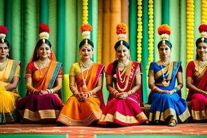 uma grupo do mulheres dentro colorida saris. gerado por IA foto
