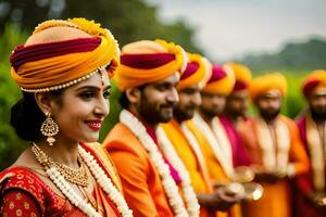 uma grupo do pessoas dentro tradicional indiano traje. gerado por IA foto