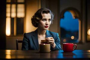 uma mulher dentro uma terno é sentado às uma mesa com uma copo do café. gerado por IA foto