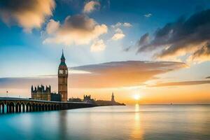 a Sol sobe sobre a Westminster ponte e grande ben dentro Londres. gerado por IA foto