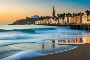 uma de praia com casas e uma cais às pôr do sol. gerado por IA foto