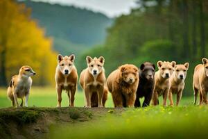 uma grupo do cachorros e ursos em pé junto. gerado por IA foto