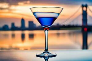 uma azul martini vidro com uma ponte dentro a fundo. gerado por IA foto