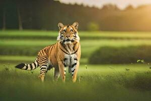 uma tigre é em pé dentro a Relva dentro frente do uma campo. gerado por IA foto