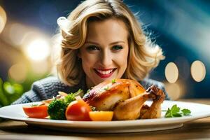 uma mulher é sorridente enquanto segurando uma prato com uma frango. gerado por IA foto