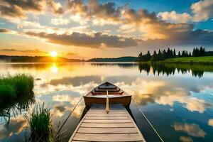 uma barco é ancorado em uma lago às pôr do sol. gerado por IA foto