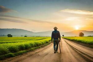 uma agricultor anda em em a estrada dentro uma campo às pôr do sol. gerado por IA foto