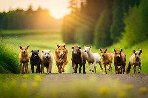 uma grupo do cavalos corrida baixa uma estrada. gerado por IA foto