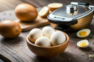 ovos dentro uma tigela Próximo para a elétrico Comida processador. gerado por IA foto