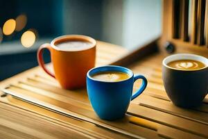 três café copos em uma de madeira mesa. gerado por IA foto
