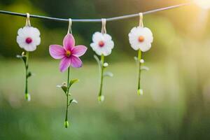 três flores suspensão a partir de uma varal de roupas. gerado por IA foto